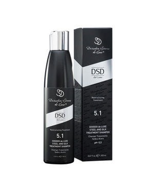 DSD de Luxe 5.1 Dixidox Steel and Silk treatment shampoo bottle and box with black and silver design