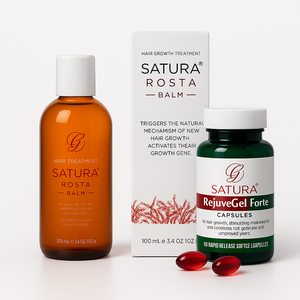 Satura hair growth treatment bottle, Satura Rosta Balm box, and RejuveGel Forte capsules with two red pills