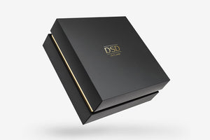 Luxury black gift box with gold trim and embossed DSD de Luxe logo on lid